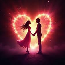 A mystical, romantic setting with a glowing candle, rose petals, and a spellbook or crystals on a wooden table. In the background, a faint silhouette of a couple embracing under a starry sky or full moon
